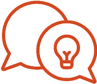 Orange icon of two chat bubbles—one containing a lightbulb