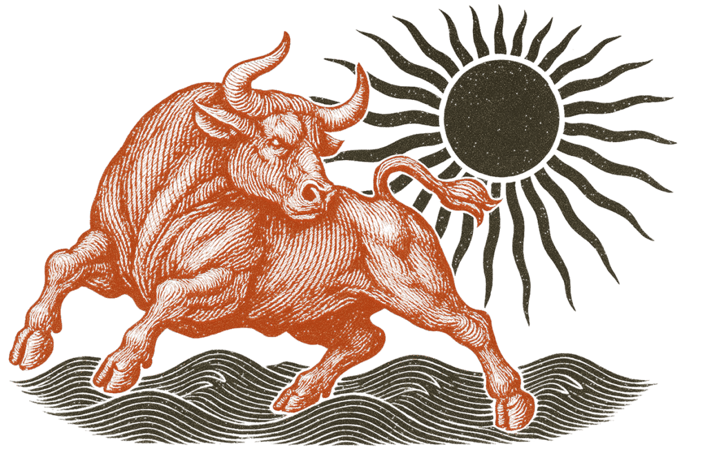 Engraved‐style orange charging bull with stylized black sun and wave elements